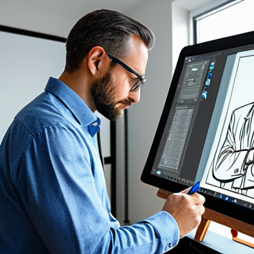A professional digital artist, wearing a modest business casual shirt, focused on a large drawing tablet screen in a bright, modern studio. The artist holds a stylus, meticulously working on a vibrant digital caricature displayed on the screen. The studio is clean and organized, with natural light coming from a window. The scene captures the essence of creativity and precision in digital art. Fully clothed, appropriate attire, safe for work, perfect anatomy, natural proportions, well-formed hands, professional dress, appropriate content, family-friendly.
