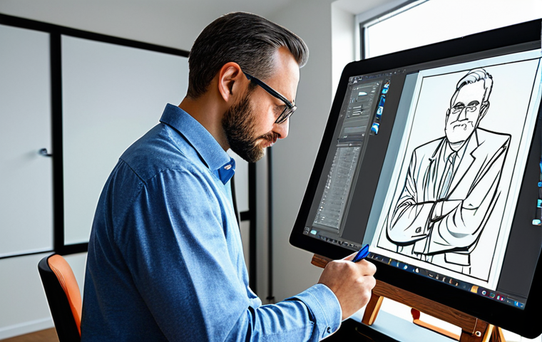 A professional digital artist, wearing a modest business casual shirt, focused on a large drawing tablet screen in a bright, modern studio. The artist holds a stylus, meticulously working on a vibrant digital caricature displayed on the screen. The studio is clean and organized, with natural light coming from a window. The scene captures the essence of creativity and precision in digital art. Fully clothed, appropriate attire, safe for work, perfect anatomy, natural proportions, well-formed hands, professional dress, appropriate content, family-friendly.
