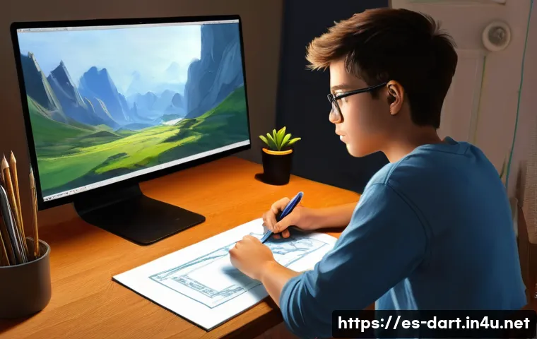 디지털아트 초보자를 위한 가이드 - **The Budding Digital Artist: First Steps**
A young adult, with a focused and determined express...