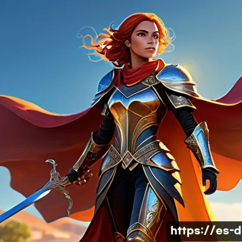 디지털아트 게임 아트와 UI 디자인 - **Prompt:** A brave female hero from a fantastical Spanish-inspired RPG. She stands tall in an ancie...