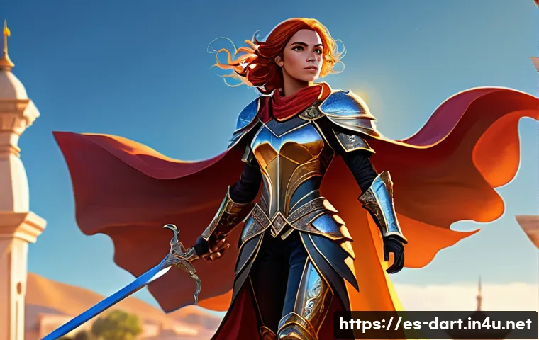 디지털아트 게임 아트와 UI 디자인 - **Prompt:** A brave female hero from a fantastical Spanish-inspired RPG. She stands tall in an ancie...