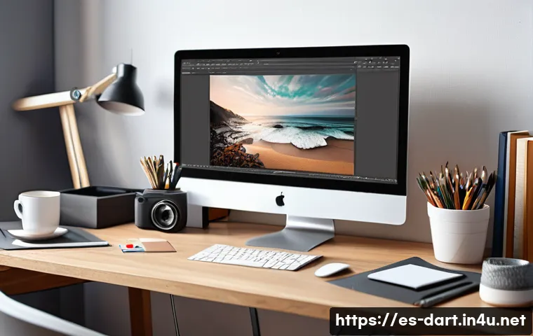 포스터용 디지털아트 제작 - A modern digital artist’s workspace featuring a high-resolution poster design in progress on a large...