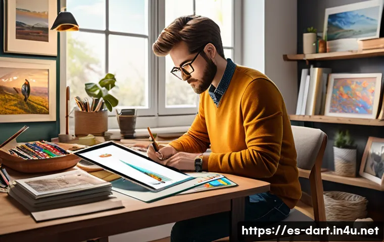 디지털아트 커미션 가격 책정법 - A professional digital artist’s workspace showing a detailed scene with a high-resolution drawing ta...