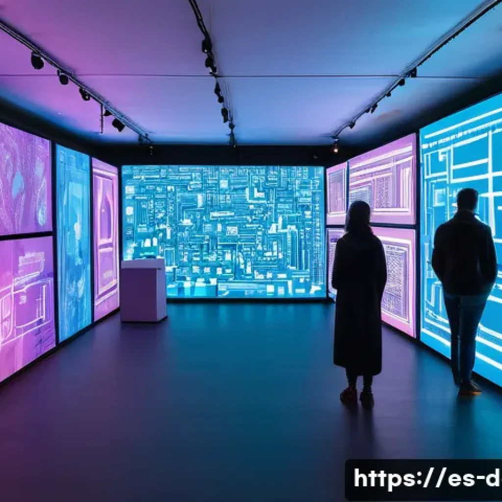 디지털아트 전시회 개최 방법 - A modern digital art exhibition space in a spacious gallery with advanced technological infrastructu...