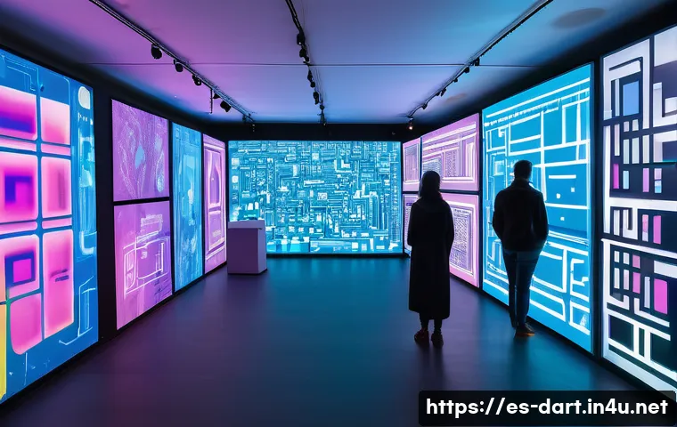 디지털아트 전시회 개최 방법 - A modern digital art exhibition space in a spacious gallery with advanced technological infrastructu...
