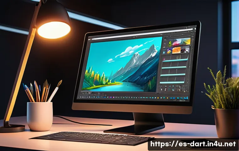애니메이션과 디지털아트의 관계 - A digital artist's workspace featuring a high-end graphic tablet and stylus, vibrant layered 2D anim...
