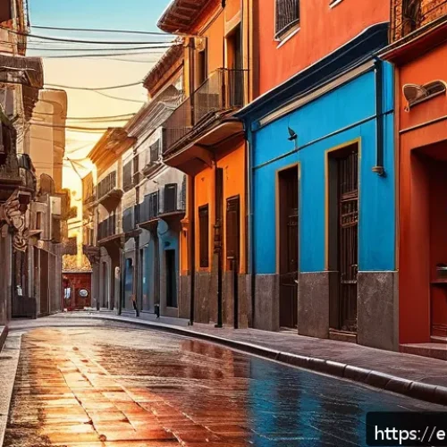 디지털아트 웹툰 배경 제작법 - A vibrant urban street scene in a modern Spanish city during sunset, featuring detailed buildings wi...