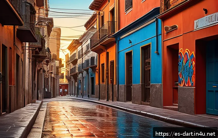 디지털아트 웹툰 배경 제작법 - A vibrant urban street scene in a modern Spanish city during sunset, featuring detailed buildings wi...