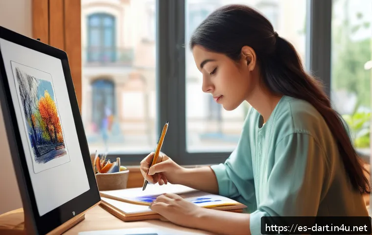 디지털아트와 AI 생성 이미지 비교 - A digital artist in a cozy modern studio, focused on drawing with a stylus on a high-resolution grap...