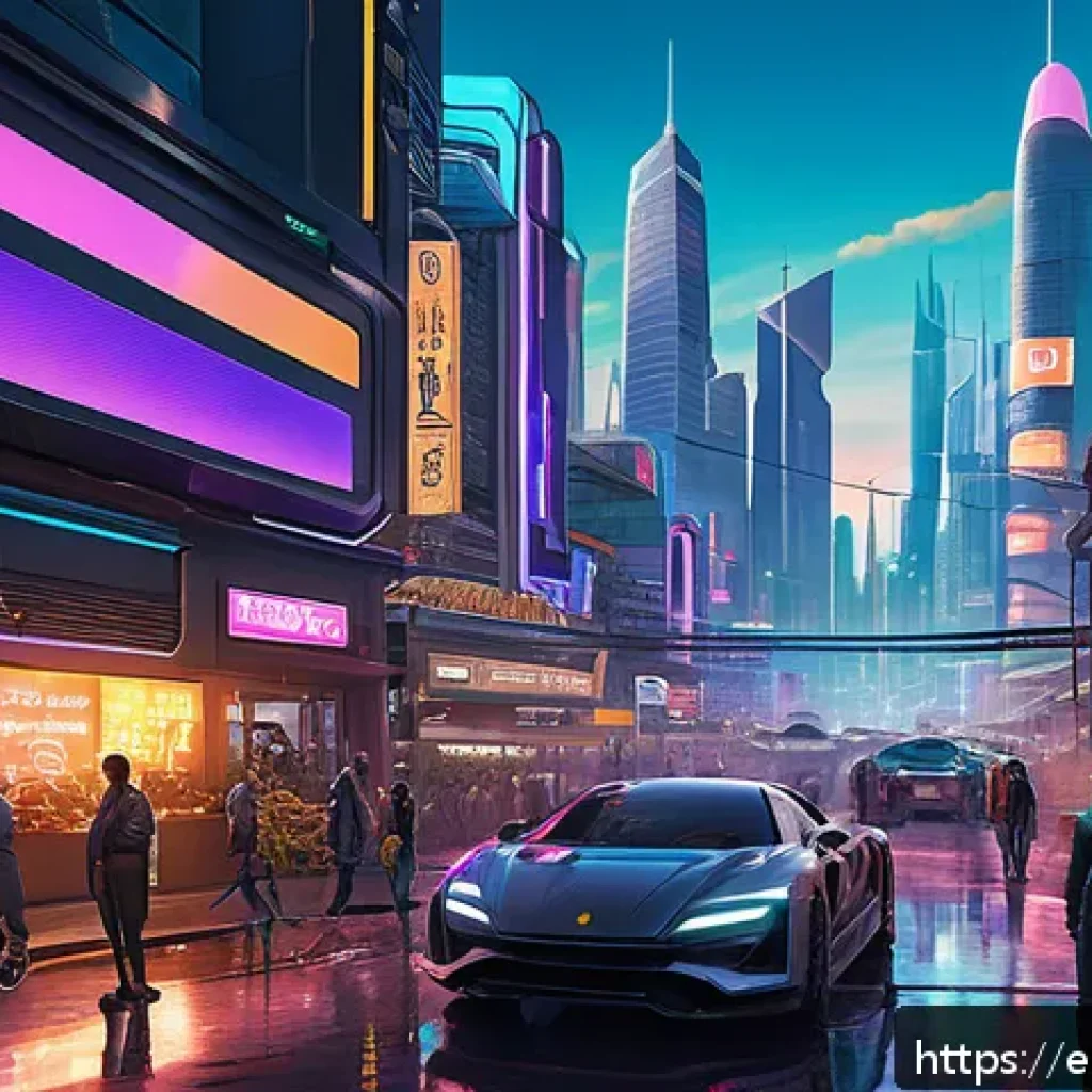 컨셉아트와 일러스트의 차이 - A dynamic concept art scene depicting a futuristic video game environment: a vast, neon-lit cityscap...