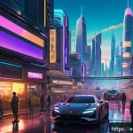 컨셉아트와 일러스트의 차이 - A dynamic concept art scene depicting a futuristic video game environment: a vast, neon-lit cityscap...