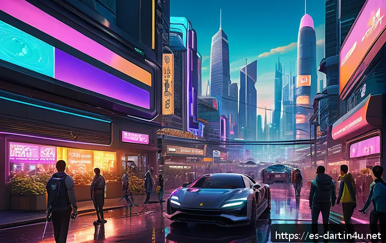 컨셉아트와 일러스트의 차이 - A dynamic concept art scene depicting a futuristic video game environment: a vast, neon-lit cityscap...