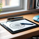 Home 18 디지털아트에서 손떨림 보정 방법 - A cozy artist's workspace with a digital tablet on a wooden desk, showing a hand wearing a drawing g...