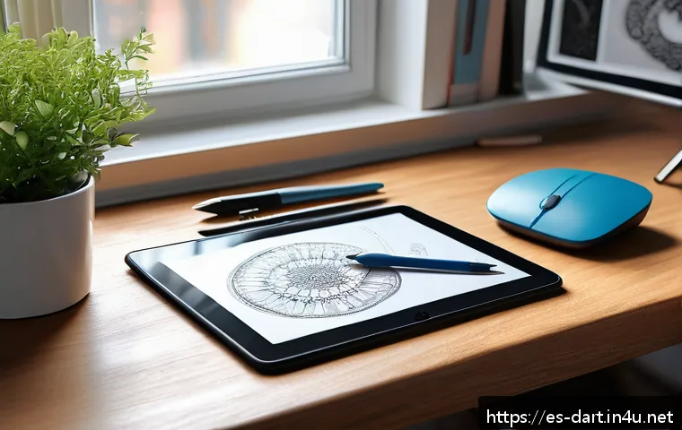 디지털아트에서 손떨림 보정 방법 - A cozy artist's workspace with a digital tablet on a wooden desk, showing a hand wearing a drawing g...