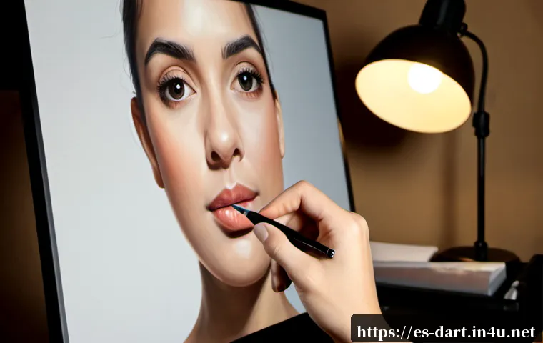 Home 17 디지털아트 하이라이트와 음영 기법 - Photorealistic close-up of a digital artist’s hand using a stylus on a pen display, a realistic port...
