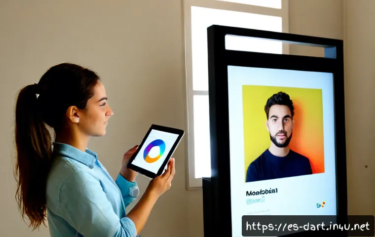 디지털아트 포토매틱 활용법 - Photorealistic modern self-service photo booth in a bright Madrid creative studio, young Spanish art...